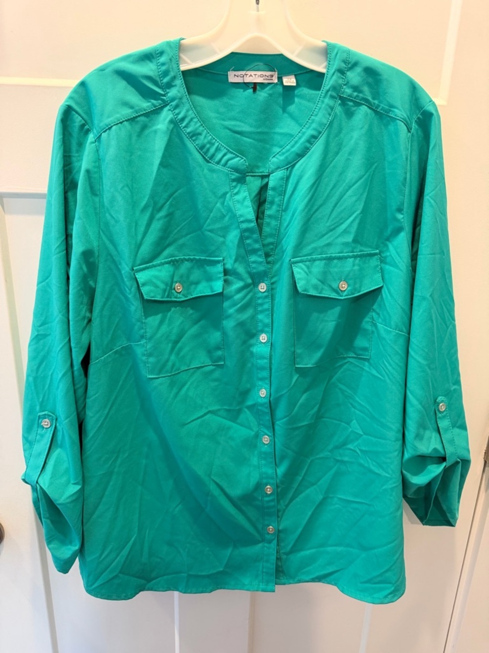 Notations Woman 2X Teal Button Front Blouse Roll Tab Sleeve Plus Size Top